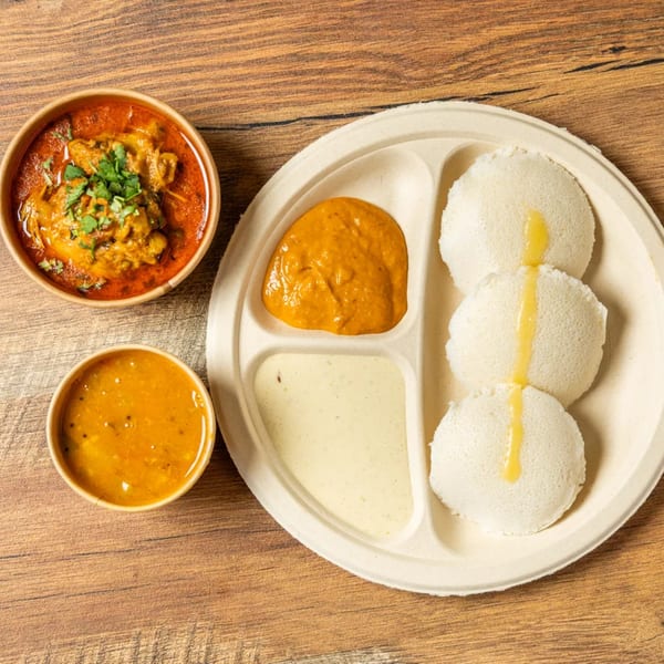 A South Indian meal with idli, sambar, and chutneys on a wooden table.