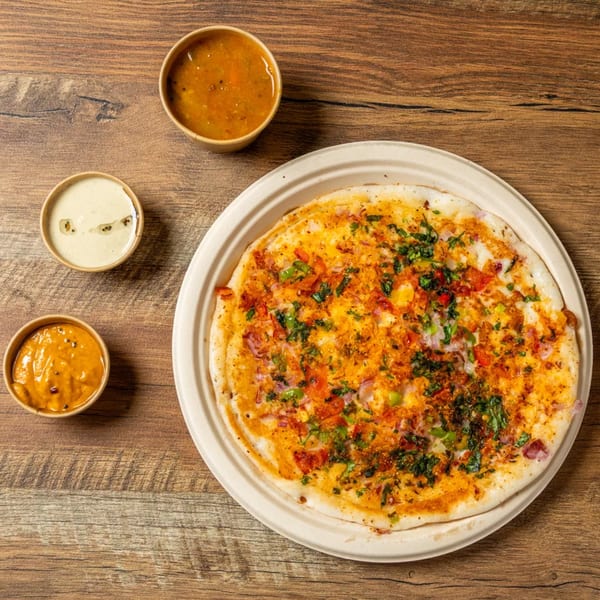 Savory uttapam topped with vegetables and herbs, served with three small bowls of chutneys.