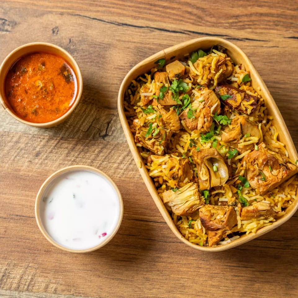 Jackfruit biryani with a side of red curry and white raita on a wooden table.