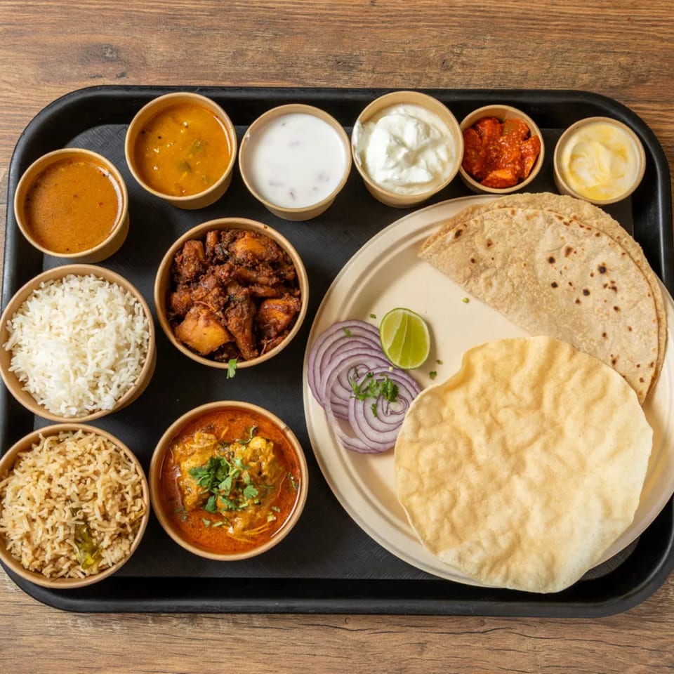 An Indian thali meal with various curries, rice, flatbreads, and condiments on a black tray.
