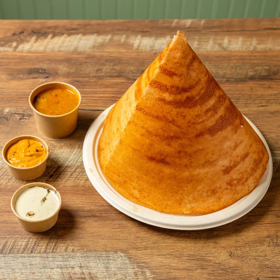 Golden-brown cone dosa on a white plate, with three small cups of chutneys on a wooden table.